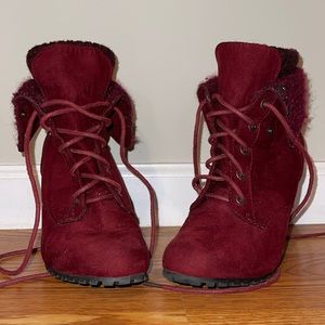 Size 8.5 red/dark maroon lace up boot with 4 inch heel
